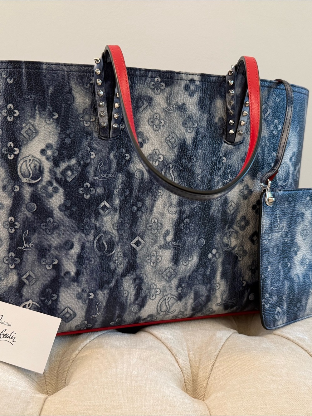Christian Louboutin Designer Blue Tie-Dye Tote Bag with Red Trim